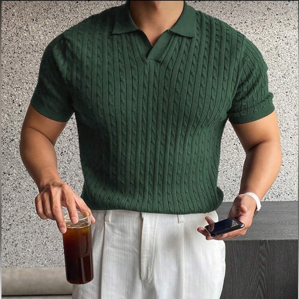 Shein Green Cable Knit Polo Shirt